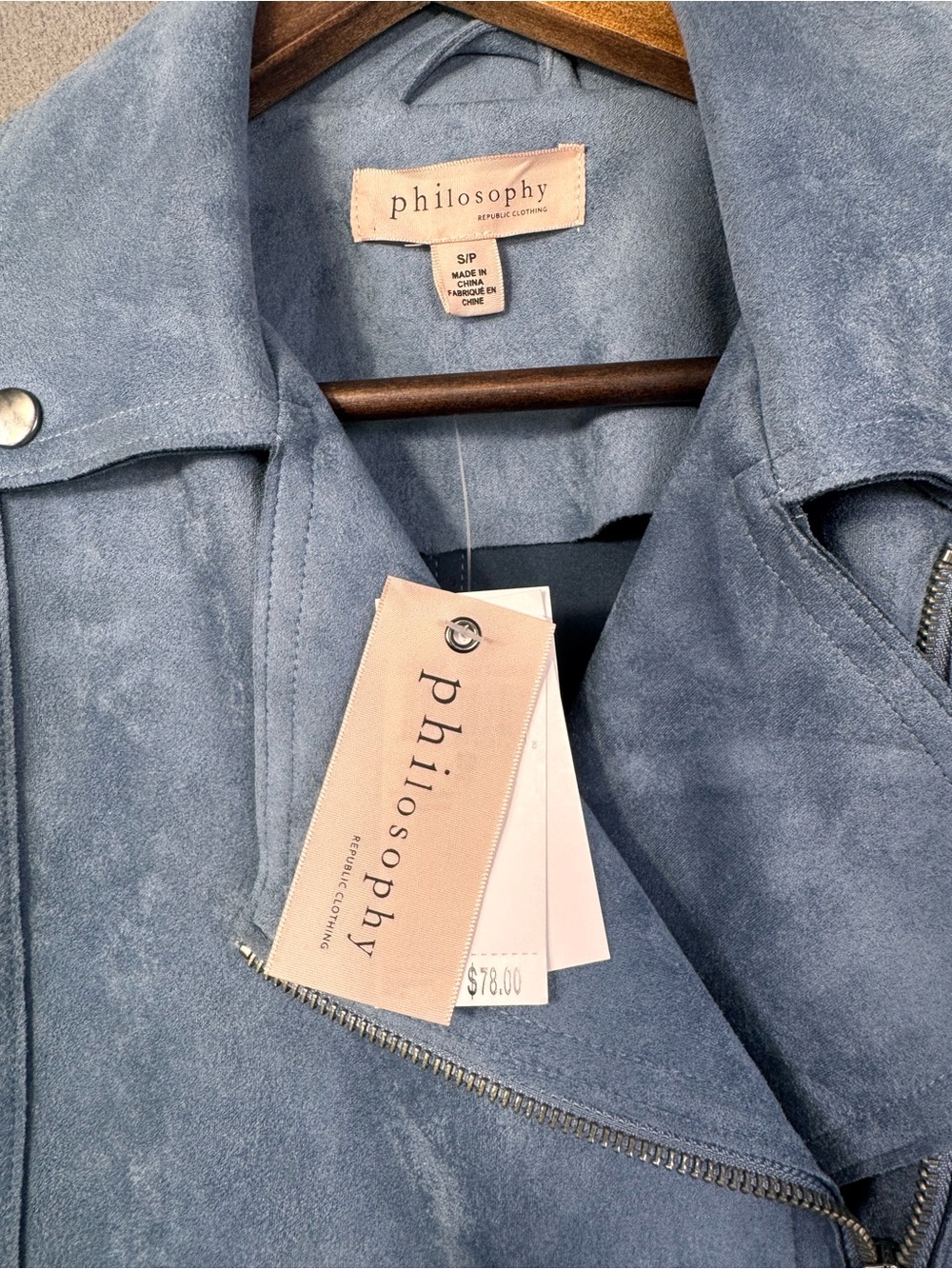 Philosophy Dusty Blue Shadow Faux Suede Sleeveless Moto Vest w/ Zipper, Small - Picture 10 of 16